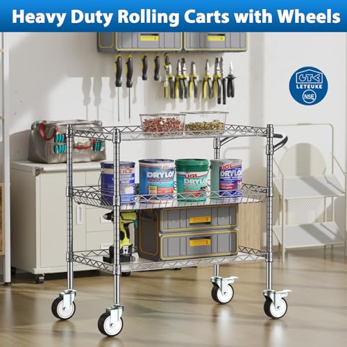 Leteuke 3-Tier Heavy Duty Rolling Utility Cart - Matte Chrome Wheels