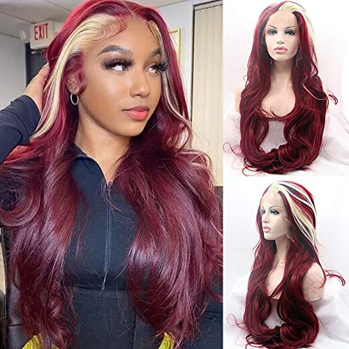Multicolored Blonde and Wine Red Synthetic Lace Front Wig - Long Body Wave, Heat Resistant, Glueless, Halloween Cosplay