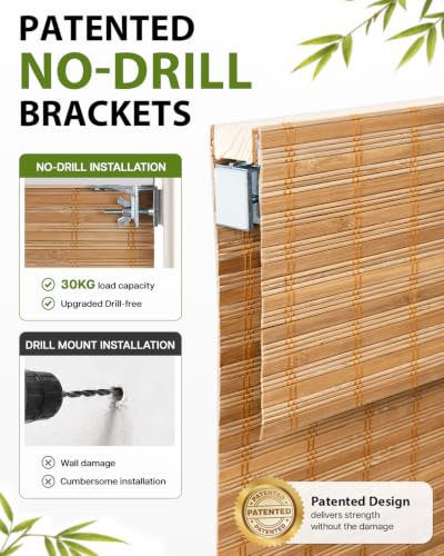 Blackout Bamboo Roman Shades - No Drill Cordless Room Darkening Window Blinds, 20 x 64 Inches
