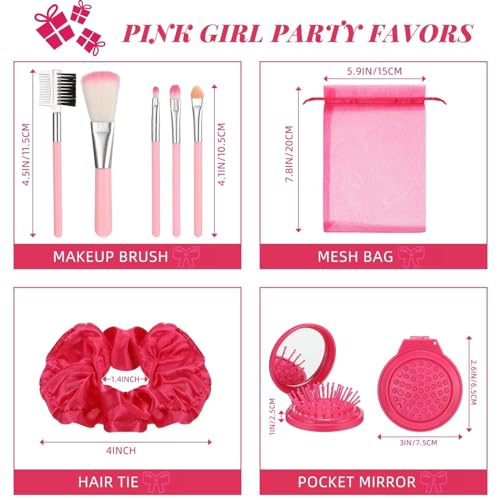 Pink Girl Party Favors Girl Makeup Party Favor Party Supplies Set Includes Pink Gauze Bags, Hair Scrunchies, Foldable Mirror Hair Brushes, Makeup Brushes Toys(96 Pcs)