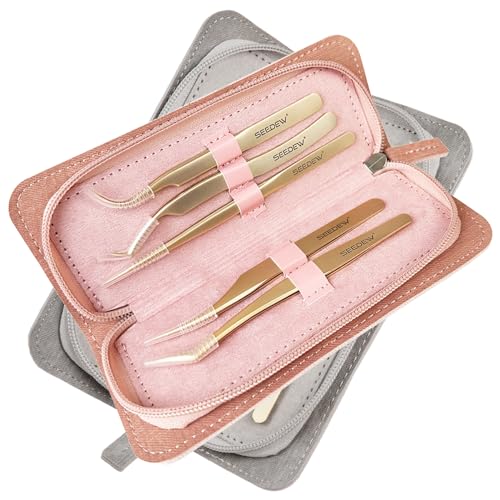 Tweezers Eyelash Extension 5 Pieces Stainless Steel Straight and Curved Professional Set Supplies with a Storage Bag for Lash Tech, Lash Artist Beginner Making Volume Classic Fans(Golden, Pink)