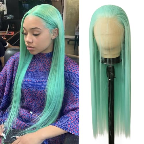 24 Inch Mint Green Lace Front Wig for Women Long Straight Heat-Resistant Synthetic Hair
