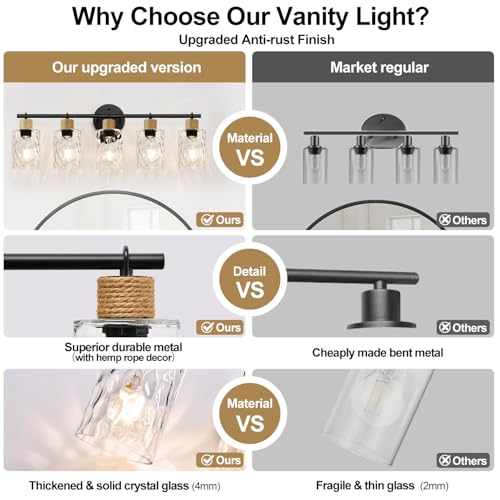 Matte Black 5-Light Coastal Vanity Light with Crystal Glass Shades – Farmhouse Bathroom Wall Fixture