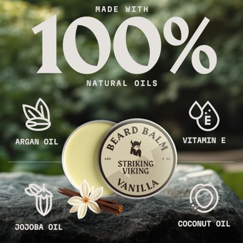 Striking Viking Beard Balm for Men - 2 oz, Pack of 2, Vanilla - Leave in Beard Conditioner - Deep Conditioning, Hydrating Formula with Jojoba Oil & Argan Oil - Flexible Natural Hold for Beard Styling