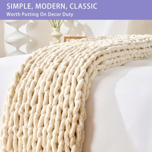 Bigacogo Beige Chunky Knit Throw Blanket 60x80 Inches Over Size Couch Blanket