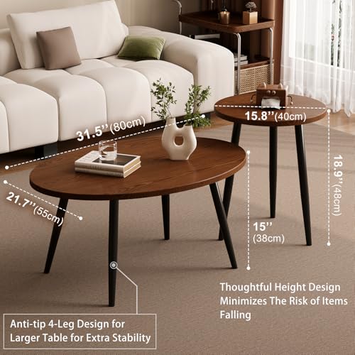 Semjar Oval Walnut Coffee & End Table Set - 2 Pcs Nesting Modern Living Room Furniture