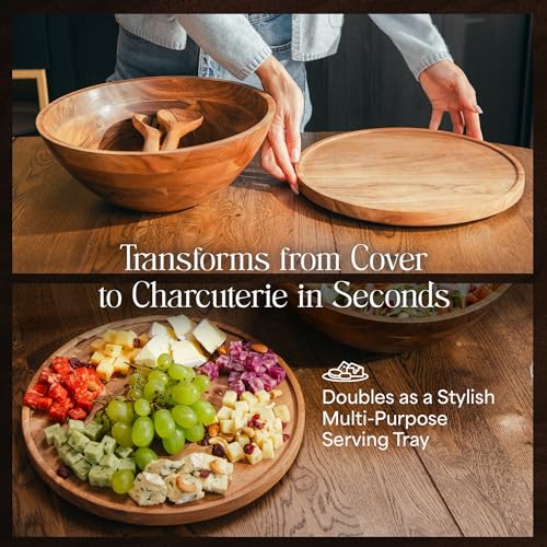 Public House Natural 12.5 Inch Wooden Salad Bowl Set with Utensils, Lid & Carry Strap