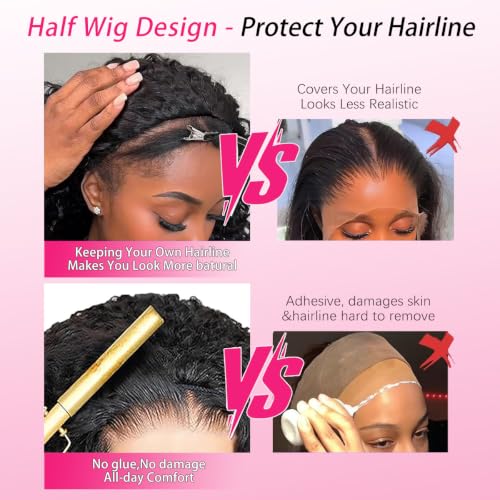 Larhali 16 Inch Burmese Curly Half Wig with Drawstring - No Glue, Natural Black, 180% Density, Beginner-Friendly, Flip Over Style