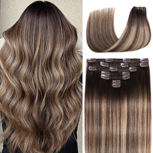 Aliransen Balayage Clip-In Hair Extensions 22 Inch Chocolate Brown to Caramel Blonde