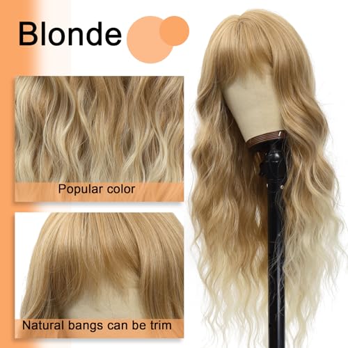 Vomella Blonde 26 Inch Curly Wavy Synthetic Wig with Bangs for Women - Natural Look & Heat-Resistant