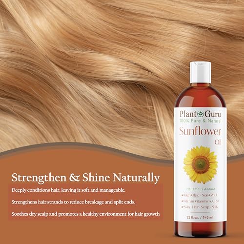 Plant Guru Sunflower Oil 4 fl oz ? Cold?Pressed, 100% Pure & Natural Carrier for Skin, Face, Body, Hair & Cooking. Great for DIY Creams, Lotions, Soaps & Lip Balms.