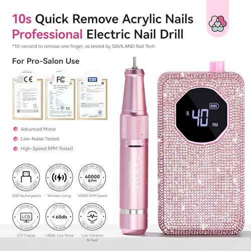 SAVILAND Professional Nail Drill 40000 RPM & Cuticle Remover and Cuticle Oil: Portable Diamond Nail Drill Kit Rechargeable 4000 mAh Electric Nail File with Ceramic Nail Drill Bits