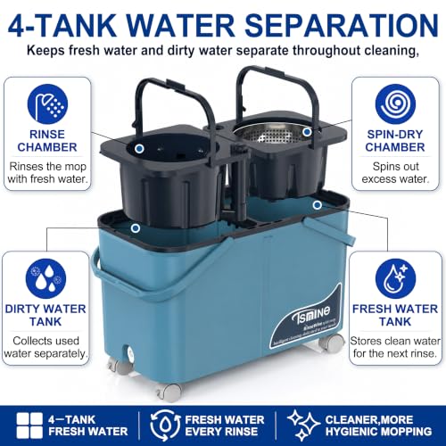 RinseWise Large Gen 1 Mop Bucket Set with 6 Microfiber Heads, Blue & Grey, 2-Gallon Capacity