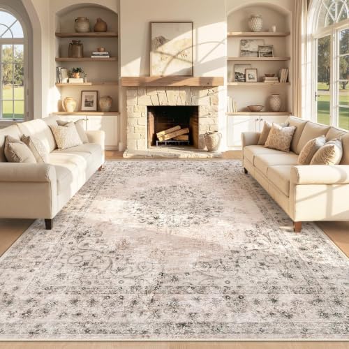 Large Washable Vintage Area Rug 8x10 Distressed Brown Indoor Floor Carpet