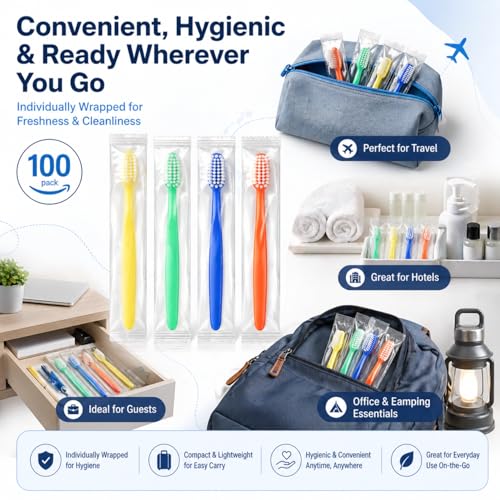 100 Pcs Prepasted Disposable Toothbrushes Bulk Individually Wrapped - Travel & Hotel Use