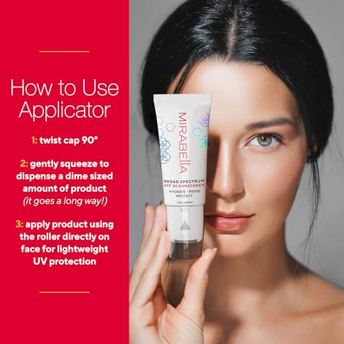 MIRABELLA - Hydrate Prime Protect Face Primer with SPF 30, Age-Defying SPF Moisturizer Sunscreen Roller, Skincare Essential with Hyaluronic Acid, 1.35 fl. oz Face Roller Applicator, All Skin Types