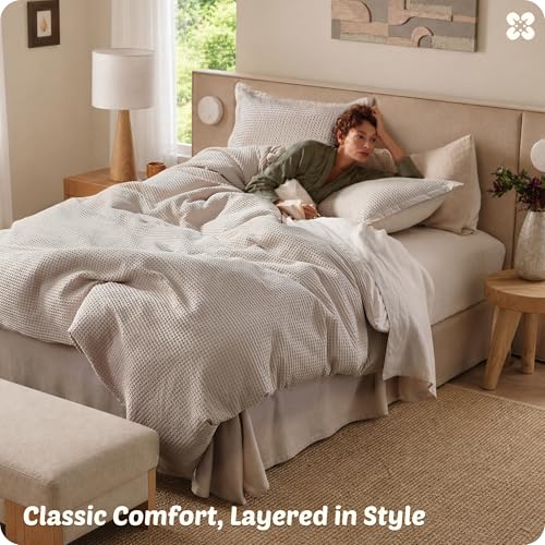 Bedsure Cotton Waffle Duvet Cover Set - Queen Linen, No Comforter, 3 Pieces