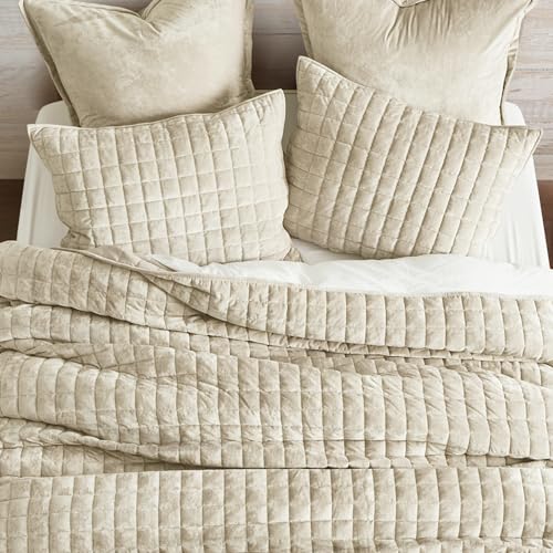 RECYCO King Size Velvet Quilt Set Beige 108" x 96" Channel Box Stitch Luxury Bedding