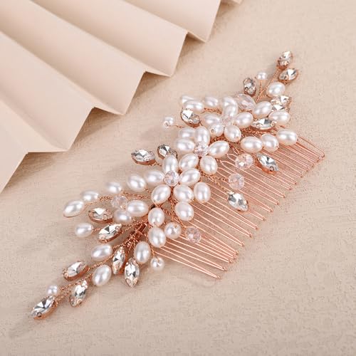 Teyglen Rose Gold Wedding Pearl Hair Comb Bride Crystal Headpiece Handmade Pearl Rhinestone Beads Hair Comb Wedding Hair Accessories for Women Hair Piece (Rose gold)