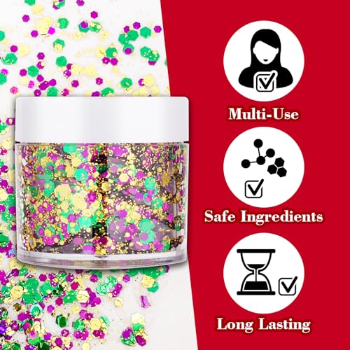 Mardi Gras Gold Hair Face Glitter,Mardi Gras Outfit for Women,Green Purple Gold Mixed Holographic Self-Adhesive Body Glitter,Festival Chunky Sequins Carnival Costume New Orleans Decorations