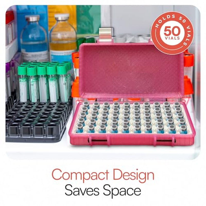 3D Printed Vial Storage Case - Waterproof 3ml Vial Storage Case with 50 Slots - Freezer Safe Hard Shell Essential Oil Case for Home, Fridge, Travel, 16mm Max Diameter, 35mm Max Height