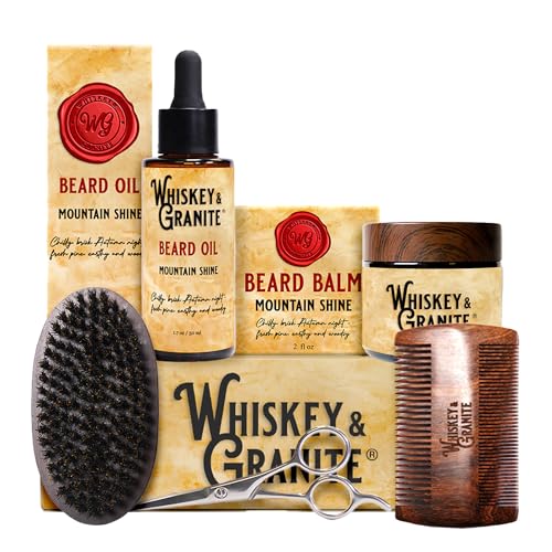 Whiskey & Granite Beard Kit for Men ? 100% Natural Ingredients (Mountain Shine). Includes beard oil and balm, comb, brush, and scissors.