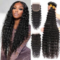 Deep Wave Hair Bundles with Lace Closure - 16 16 18 18 + 14 Inch Human Hair Set - Natural Brazilian Virgin Wave