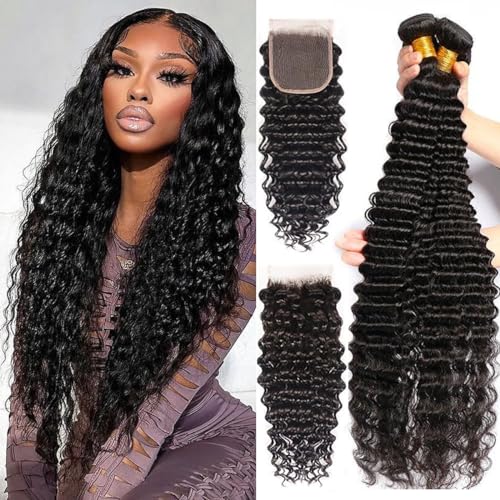 Deep Wave Hair Bundles with Lace Closure - 16 16 18 18 + 14 Inch Human Hair Set - Natural Brazilian Virgin Wave