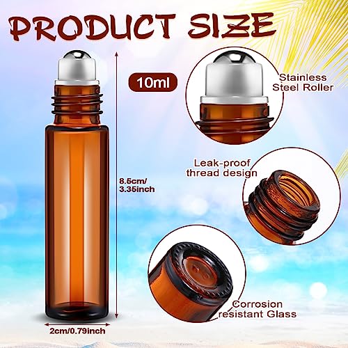 Tanlade 100 Pcs Essential Oil Roller Bottles 10 ml Amber Roll on Glass Refillable Leakproof Empty Rollerball Bottles with Funnels and Stainless Steel Roller Balls for Travel Lip Gloss