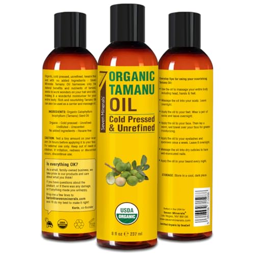 Seven Minerals USDA Organic Tamanu Oil - Big 8oz (240ml) - Cold Pressed & 100% Pure Tamanu Organic for Skin, Face, Hair, & Nails - GMO & Hexane Free Nutrient Dense Carrier Oil that Absorbs Easily