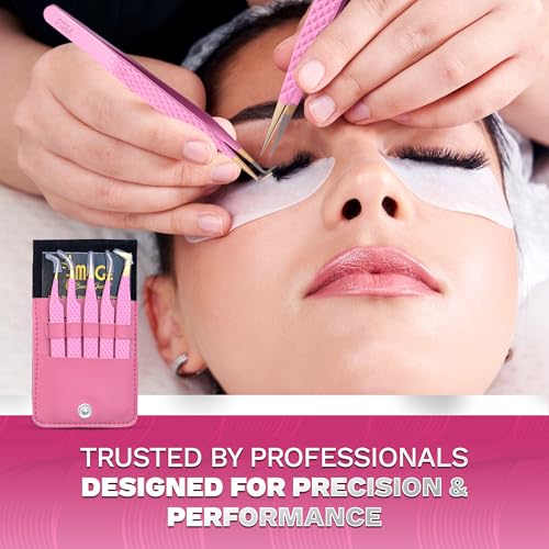 5 Pcs Fiber-Tip Japanese Steel Lash Tweezer Set with Leather Case, Professional Eyelash Tweezers for Lash Extensions ? Titanium Coated, 90 & 45 Angled, Precision Pointed Tweezers (PINK)