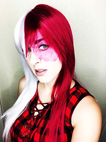 Anime Cosplay Wig for Women White & Red Synthetic Halloween Hair, Long Straight Style