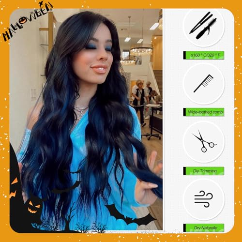 Long Wavy Black Wig with Blue Highlights - 26 Inch Synthetic Heat-Resistant Hairpiece for Daily & Party Use