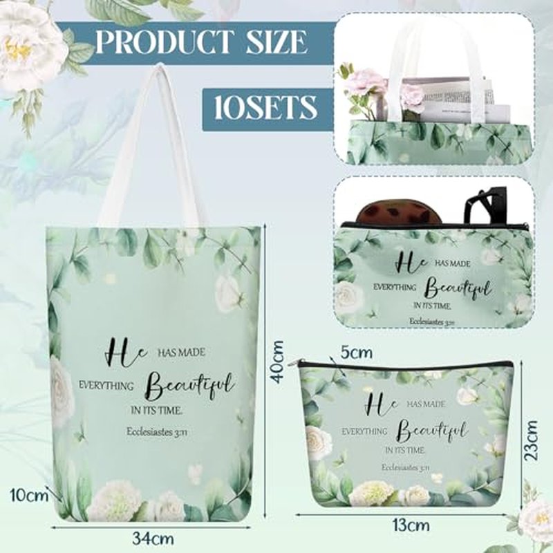 20 Pcs Christian Gift Women Mother's Day Including 10 Bible Verse Tote Bags 10 Christian Makeup Bags Inspirational Religious Scripture Gifts for Church Xmas Valentines(Elegant)