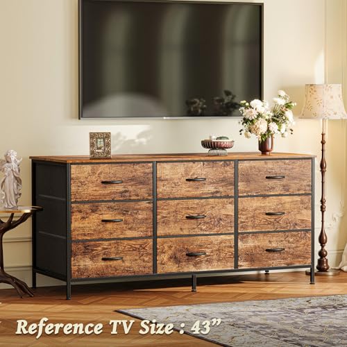 Huuger 9-Drawer Dresser with TV Stand, Rustic Brown, 47 Inch Storage Chest