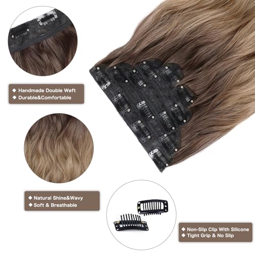 WECAN Clip-In Hair Extensions 24 Inch Ombre Blonde 6PCS Long Wavy Curly Hairpieces