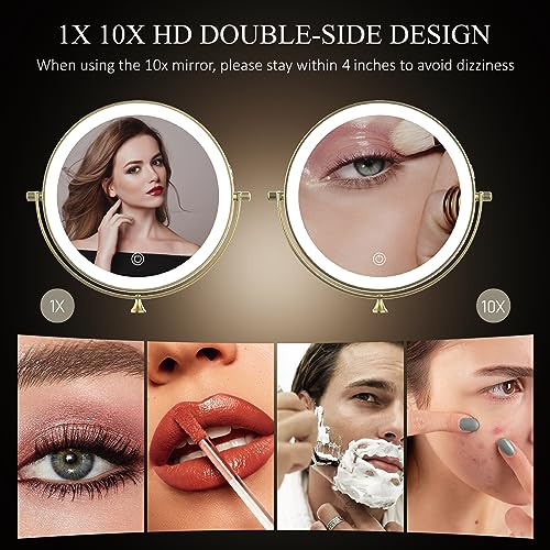 Rechargeable Wall Mounted Lighted Makeup Vanity Mirror 9 Inch Double Sided 1X 10X Magnifying Bathroom Mirror, 3 Color Lighting, Touch Screen Dimming, 360 Rotation Shaving Mirror Gold
