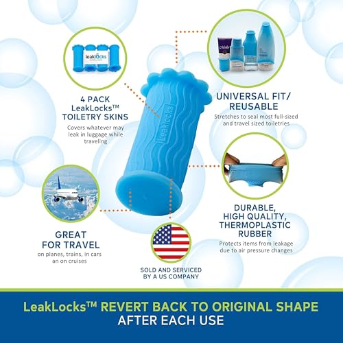 LeakLocks¢ç Toiletry Skins¢â Elastic Sleeve for Leak Proofing Travel Container in Luggage. For Standard and Travel Sized Toiletries. Reusable Accessory for Travel Bag Suitcase and Carry-on Luggage