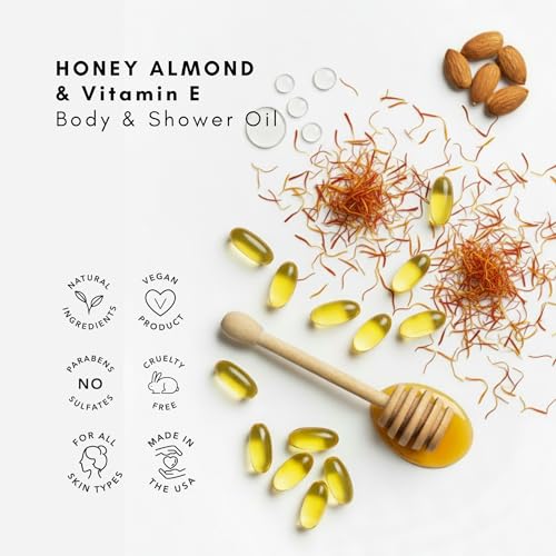 Olivia Care Honey Almond Body & Shower Oil with Vitamin E - Hydrating Daily Moisturizer for Dry Skin, 8 fl oz