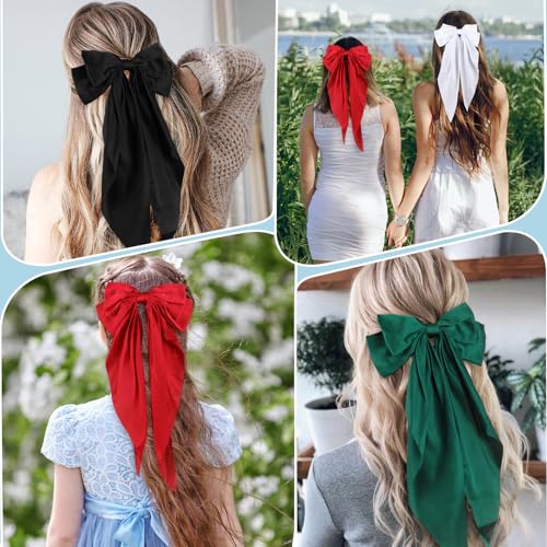 Large Satin Hair Bows for Women & Girls - 20 Colorful Hair Accessories with Long Tails