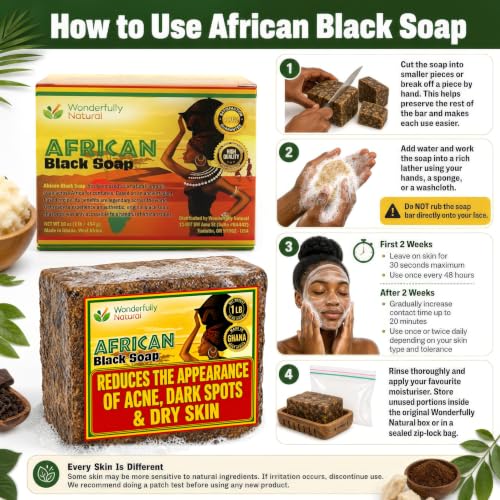 Organic African Black Soap 16 oz for Acne & Dark Spots - Unrefined Shea & Coconut Oil