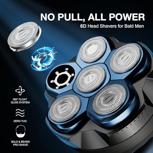 PRITECH Electric Head Shaver for Bald Men - Blue, 6 Floating Rotary Heads, Waterproof & Cordless