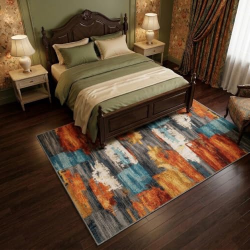Burnt Orange and Teal Abstract Brushstroke Area Rug - 5' x 7' Rectangular, Low Pile, Non-Slip Backing