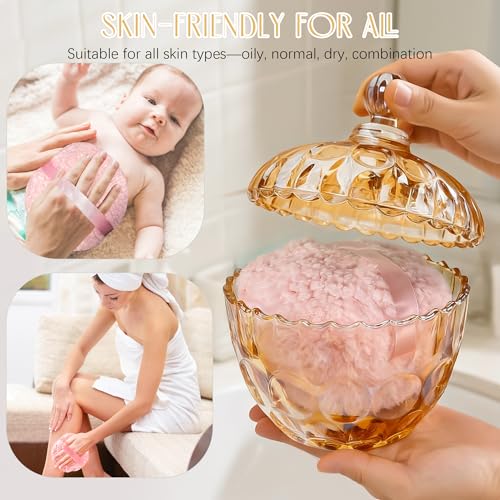 kanpura 2 Pcs Extra Large Body Powder Puff and Container Clear 6 Inch Body Powder Puff and Crystal Container for Baby Women Reusable, Washable, Wet and Dry Makeup (Amber)