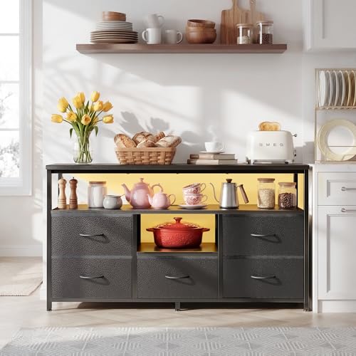 47-Inch Dresser TV Stand with LED Lights & Charging Station, 5 Drawers, Open Shelves - Black, 11.8"D x 47.2"W x 26.1"H