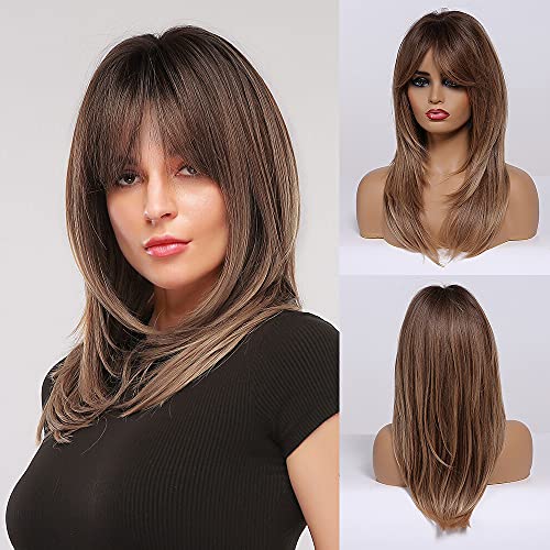 Ombre Brown Wigs with Bangs for Women Synthetic Heat-Resistant Wavy Hair Extension - Natural Look