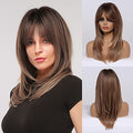 Ombre Brown Wigs with Bangs for Women Synthetic Heat-Resistant Wavy Hair Extension - Natural Look