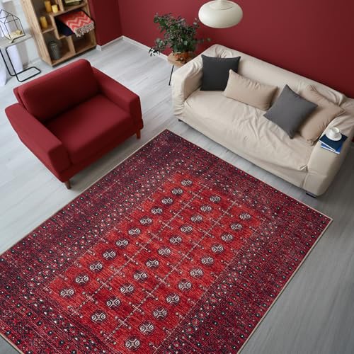 Keen Home Design 4x6 Vintage Washable Area Rug - Red/Burgundy, Non-Slip Low Pile