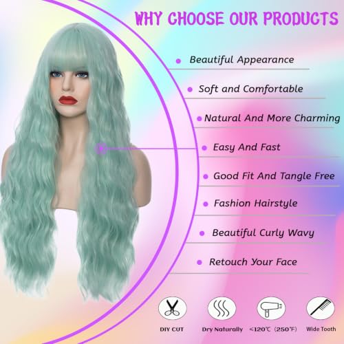 Women's Bangs Mint Green Wig 27 Inches Long Curly Wavy Hair Heat