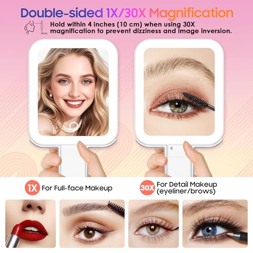 GOMIPURU Silver 30X/1X Double-Sided Travel Makeup Mirror with Lights